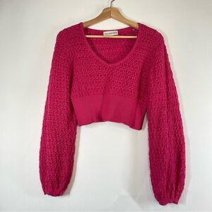 Willow & Wind Hot Pink Cotton Balloon Sleeve Cropped Ribbed Waist Knit Sweater L
